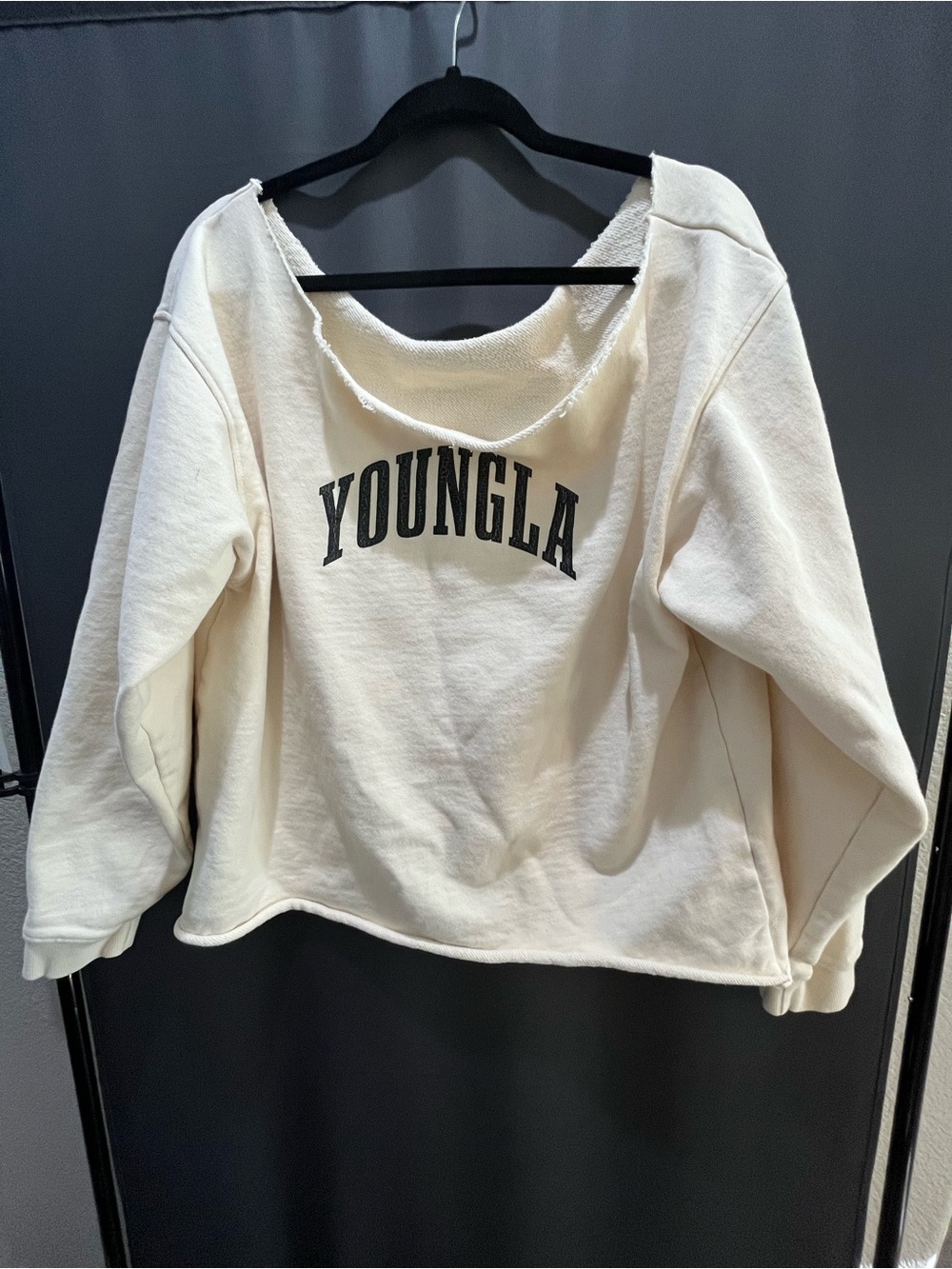YoungLA Off-Shoulder Cream Sweatshirt with Black Logo